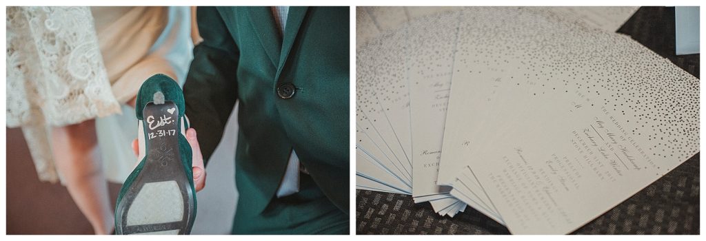 groom holding brides shoe with wedding date
