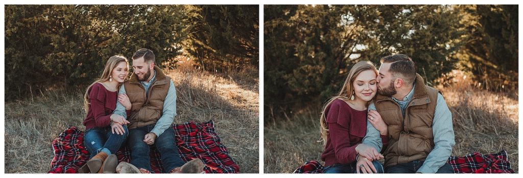 couple sitting on plaid blanket