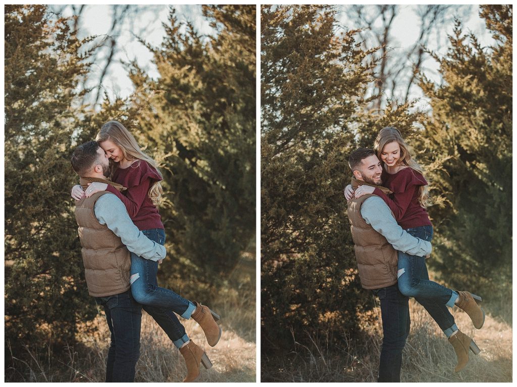 boyfriend picking his girlfriend up for a kiss