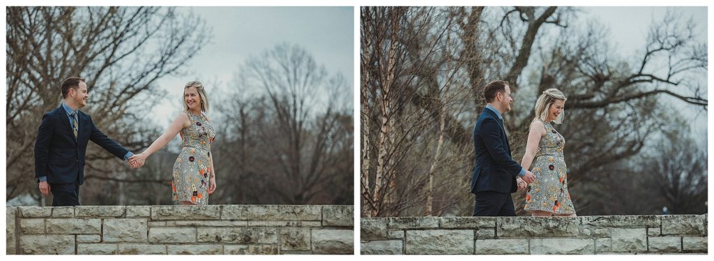 groom following his bride on a bridge