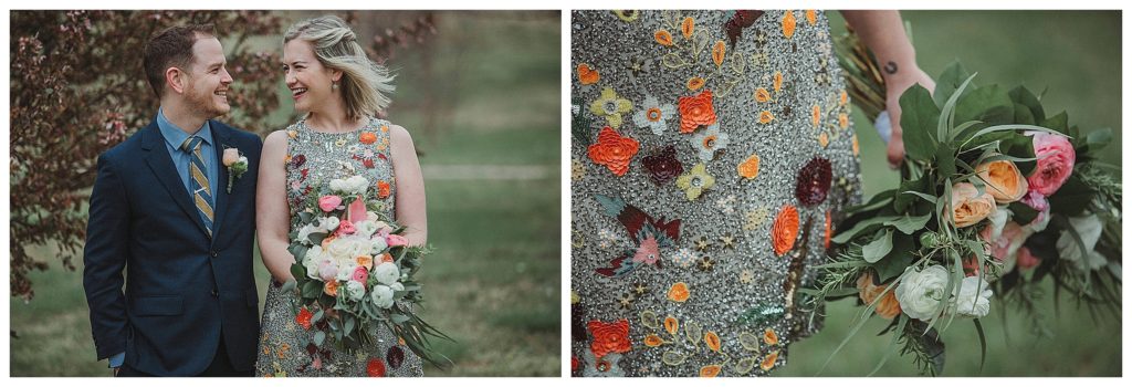 detail of brides dress and flowers