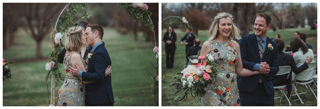 groom and bride kiss during their ceremony
