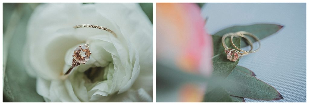 wedding ring details on the brides flowers